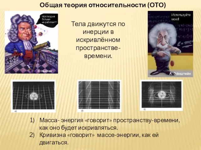 Тела движутся по инерции в искривлённом пространстве-времени. Масса- энергия «говорит» пространству-времени,