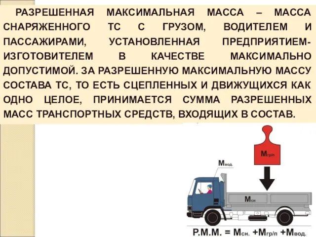 РАЗРЕШЕННАЯ МАКСИМАЛЬНАЯ МАССА – МАССА СНАРЯЖЕННОГО ТС С ГРУЗОМ, ВОДИТЕЛЕМ И