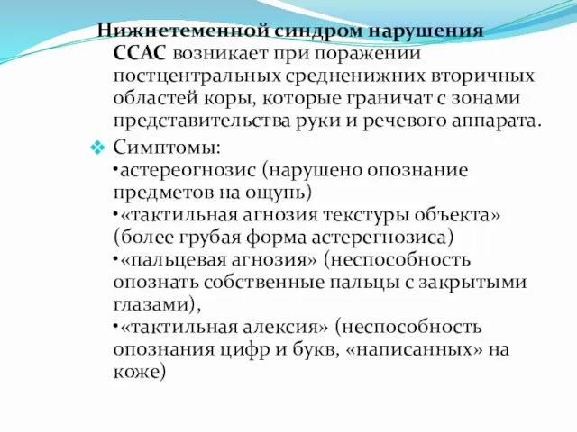 Нижнетеменной синдром нарушения ССАС возникает при поражении постцентральных средненижних вторичных областей