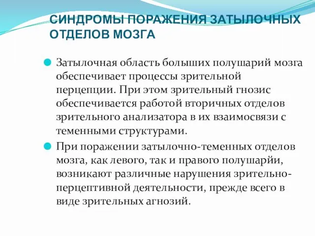 СИНДРОМЫ ПОРАЖЕНИЯ ЗАТЫЛОЧНЫХ ОТДЕЛОВ МОЗГА Затылочная область болыших полушарий мозга обеспечивает