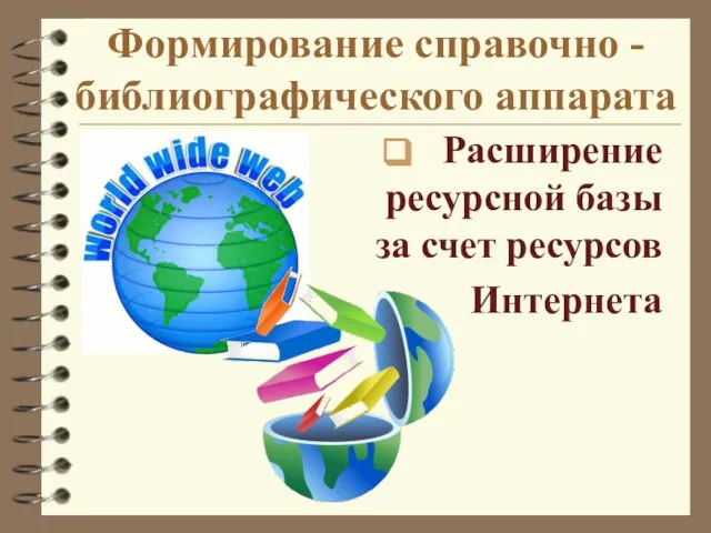 Формирование справочно - библиографического аппарата Расширение ресурсной базы за счет ресурсов Интернета