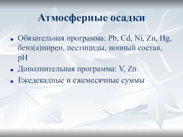 Атмосферные осадки Обязательная программа: Pb, Сd, Ni, Zn, Hg, бенз(а)пирен, пестициды,