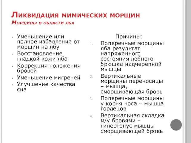 Ликвидация мимических морщин Морщины в области лба Уменьшение или полное избавление