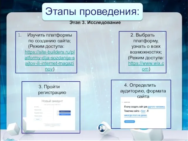 Этапы проведения: Изучить платформы по созданию сайта; (Режим доступа: https://site-builders.ru/platformy-dlja-sozdanija-sajtov-ili-internet-magazinov) 2.