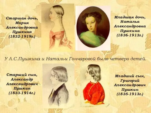 Старшая дочь, Мария Александровна Пушкина (1832-1919г.) Старший сын, Александр Александрович Пушкин