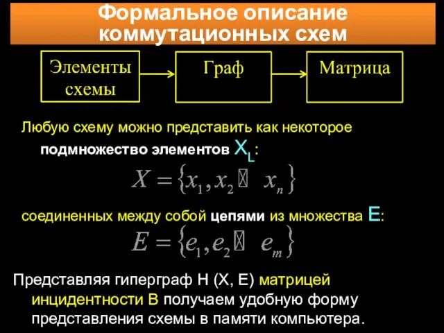 Формальное описание коммутационных схем Любую схему можно представить как некоторое подмножество