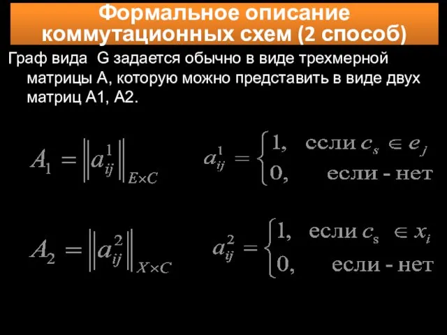 Формальное описание коммутационных схем (2 способ) Граф вида G задается обычно