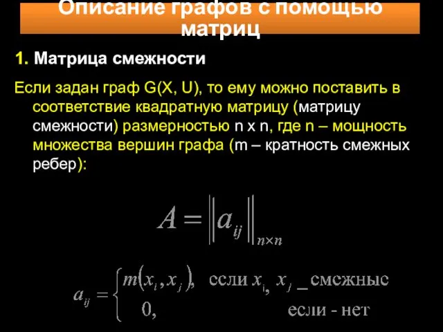 Описание графов с помощью матриц 1. Матрица смежности Если задан граф