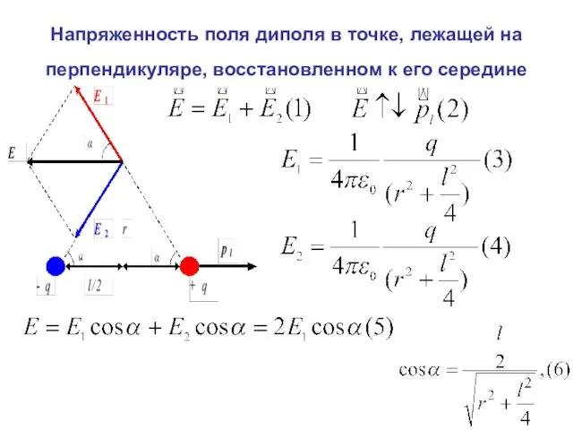 Напряженность поля диполя в точке, лежащей на перпендикуляре, восстановленном к его середине