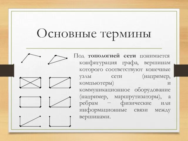 Основные термины Под топологией сети понимается конфигурация графа, вершинам которого соответствуют