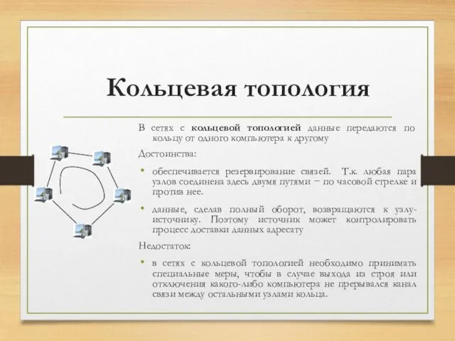 Кольцевая топология В сетях с кольцевой топологией данные передаются по кольцу