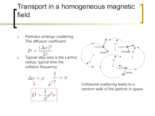 Transport in a homogeneous magnetic field Particles undergo scattering. The diffusion