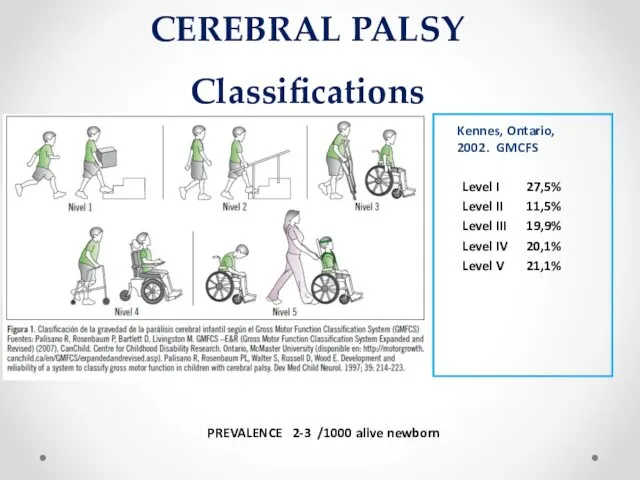 CEREBRAL PALSY Classifications PREVALENCE 2-3 /1000 alive newborn Kennes, Ontario, 2002.