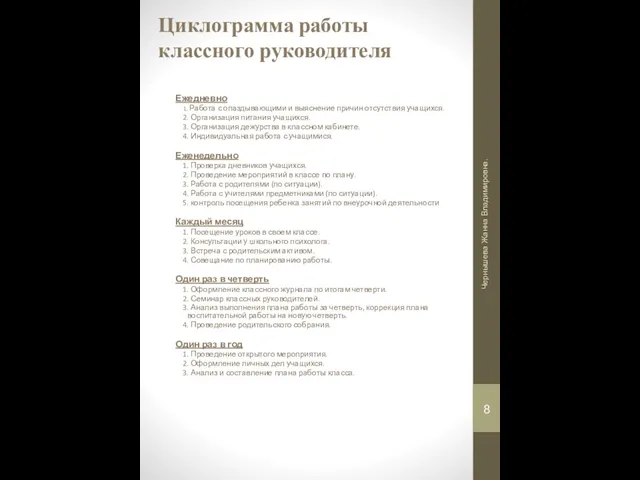 Циклограмма работы классного руководителя Ежедневно 1. Работа с опаздывающими и выяснение