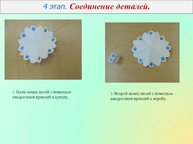 4 этап. Соединение деталей. 1. Один конец нитей с помощью квадратиков