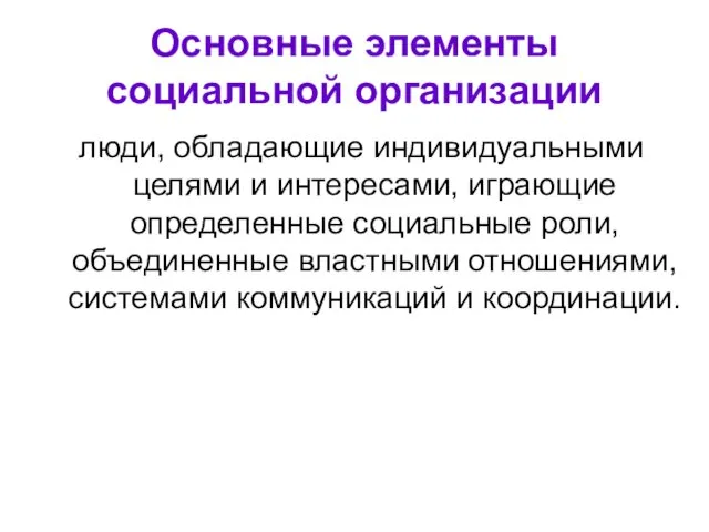 Основные элементы социальной организации люди, обладающие индивидуальными целями и интересами, играющие