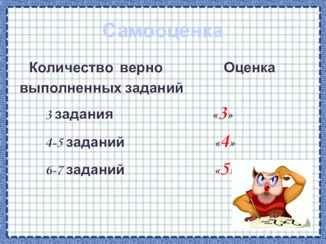 Самооценка Количество верно Оценка выполненных заданий 3 задания «3» 4-5 заданий «4» 6-7 заданий «5»