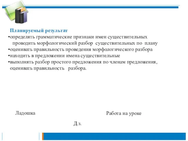 Ладошка Д.з. Работа на уроке Планируемый результат определять грамматические признаки имен