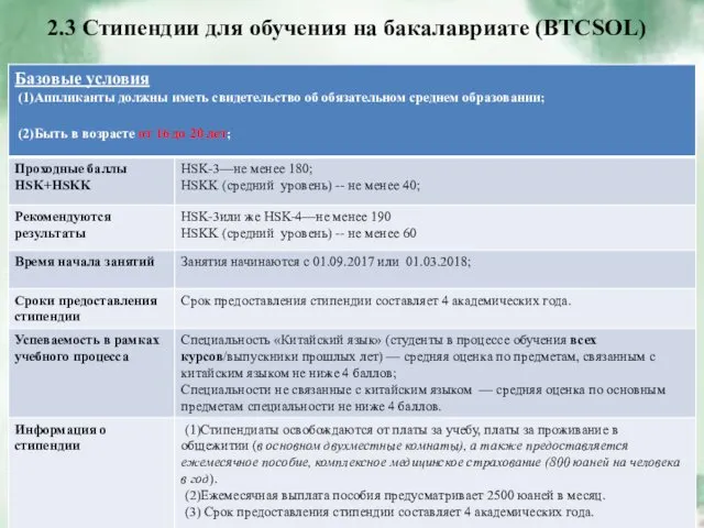 2.3 Стипендии для обучения на бакалавриате (BTCSOL)