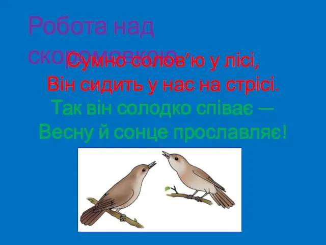 Робота над скоромовкою Сумно солов’ю у лісі, Він сидить у нас