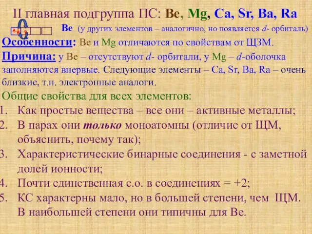 II главная подгруппа ПС: Be, Mg, Ca, Sr, Ba, Ra Be