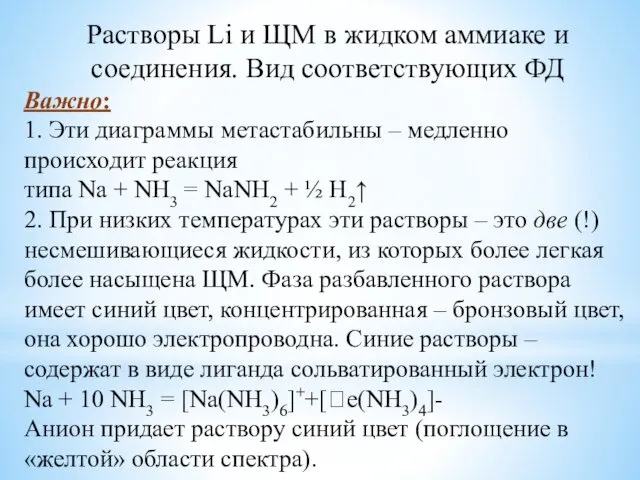 Растворы Li и ЩМ в жидком аммиаке и соединения. Вид соответствующих