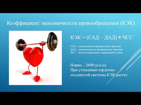 Коэффициент экономичности кровообращения (КЭК) КЭК = (САД – ДАД)✶ЧСС САД –