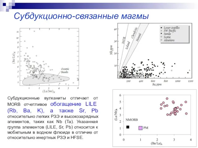 Субдукционно-связанные магмы Субдукционные вулканиты отличает от MORB отчетливое обогащение LILE (Rb,