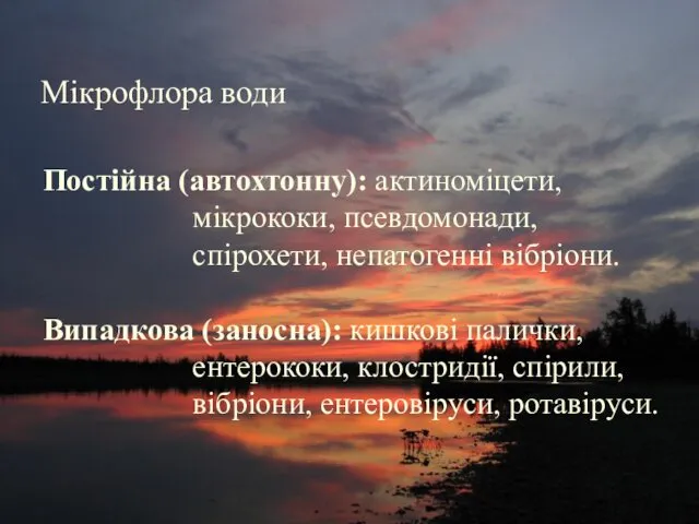 Мікрофлора води Мікрофлора води Постійна (автохтонну): актиноміцети, мікрококи, псевдомонади, спірохети, непатогенні