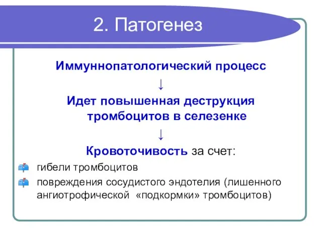 2. Патогенез Иммуннопатологический процесс ↓ Идет повышенная деструкция тромбоцитов в селезенке