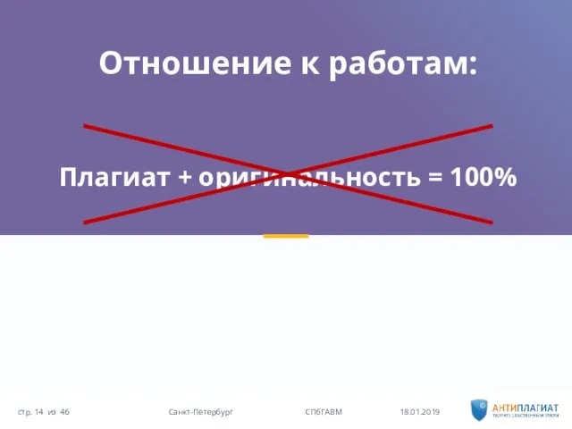 Отношение к работам: Плагиат + оригинальность = 100% 18.01.2019 46 Санкт-Петербург СПбГАВМ стр. из