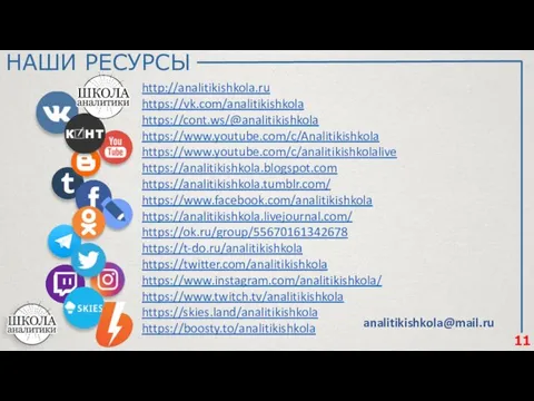 11 НАШИ РЕСУРСЫ http://analitikishkola.ru https://vk.com/analitikishkola https://cont.ws/@analitikishkola https://www.youtube.com/c/Analitikishkola https://www.youtube.com/c/analitikishkolalive https://analitikishkola.blogspot.com https://analitikishkola.tumblr.com/ https://www.facebook.com/analitikishkola