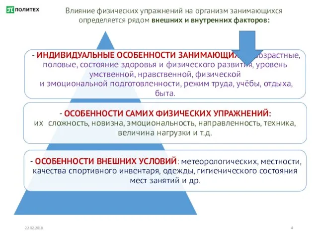 22.02.2018 Влияние физических упражнений на организм занимающихся определяется рядом внешних и внутренних факторов: