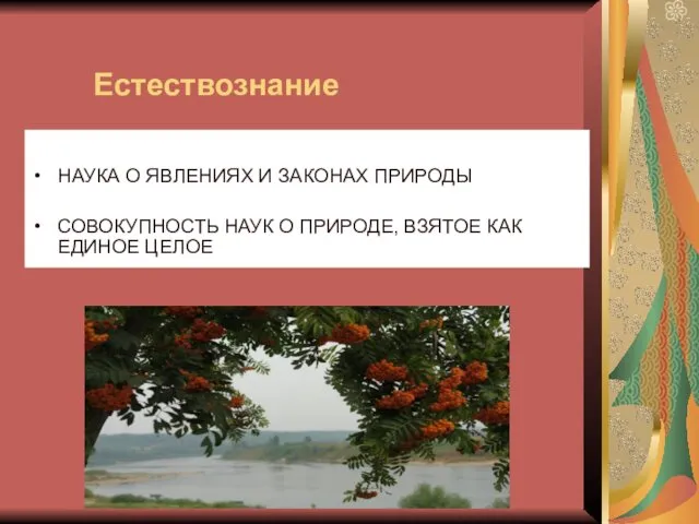 Естествознание НАУКА О ЯВЛЕНИЯХ И ЗАКОНАХ ПРИРОДЫ СОВОКУПНОСТЬ НАУК О ПРИРОДЕ, ВЗЯТОЕ КАК ЕДИНОЕ ЦЕЛОЕ