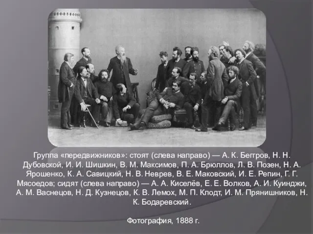 Группа «передвижников»: стоят (слева направо) — А. К. Беггров, Н. Н.