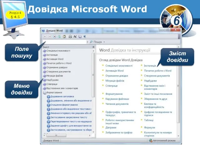 Довідка Microsoft Word Поле пошуку Меню довідки Зміст довідки Розділ 4 § 4.5