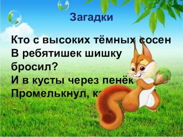 Загадки Кто с высоких тёмных сосен В ребятишек шишку бросил? И