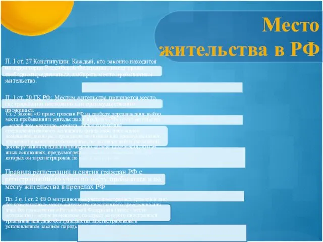 Место жительства в РФ П. 1 ст. 27 Конституции: Каждый, кто