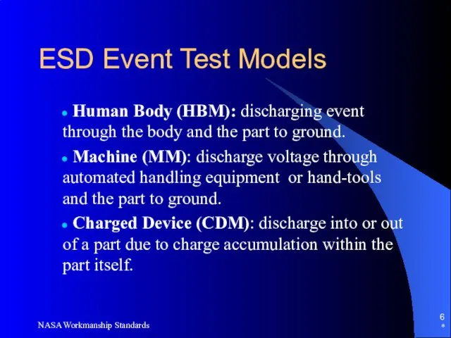 * NASA Workmanship Standards Human Body (HBM): discharging event through the