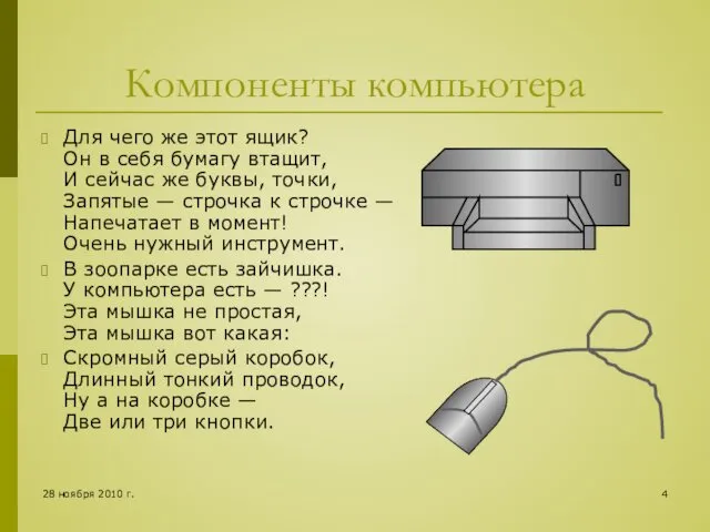 28 ноября 2010 г. Компоненты компьютера Для чего же этот ящик?