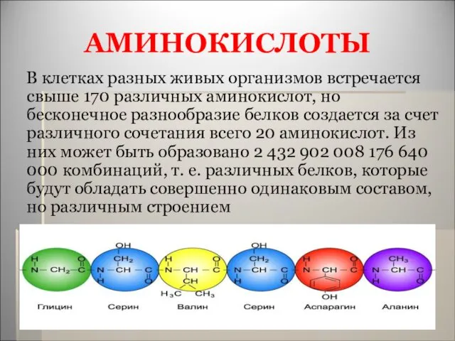 АМИНОКИСЛОТЫ В клетках разных живых организмов встречается свыше 170 различных аминокислот,