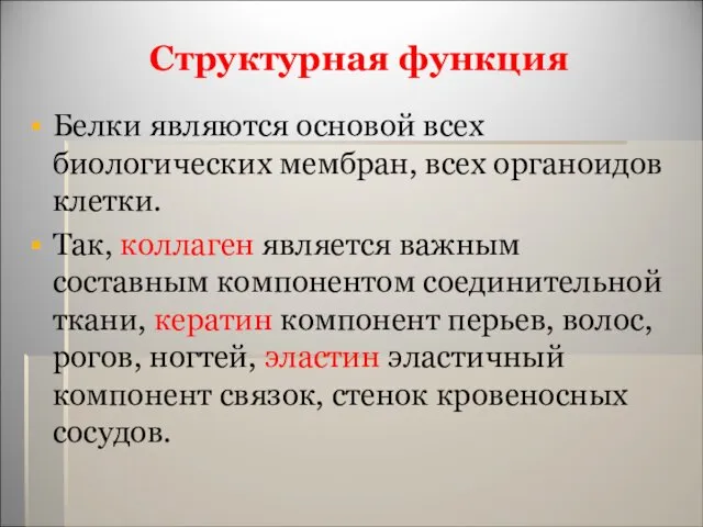 Структурная функция Белки являются основой всех биологических мембран, всех органоидов клетки.