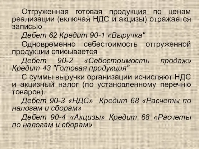 Отгруженная готовая продукция по ценам реализации (включая НДС и акцизы) отражается