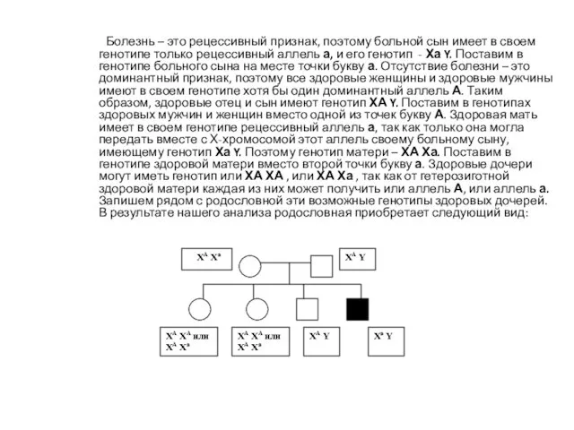 Болезнь – это рецессивный признак, поэтому больной сын имеет в своем