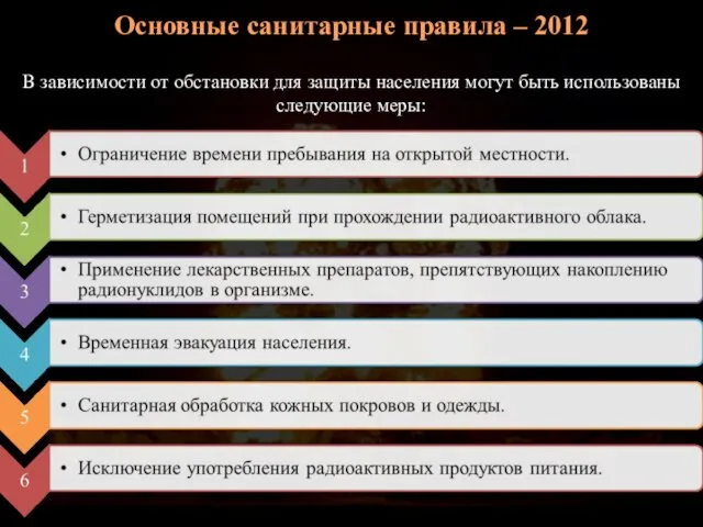 Основные санитарные правила – 2012 В зависимости от обстановки для защиты