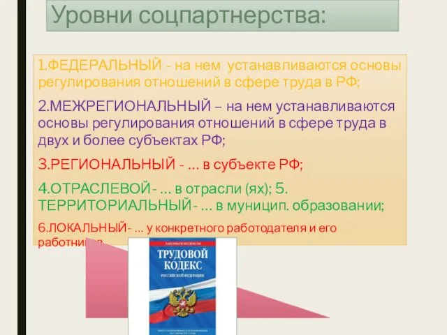 Уровни соцпартнерства: 1.ФЕДЕРАЛЬНЫЙ - на нем устанавливаются основы регулирования отношений в