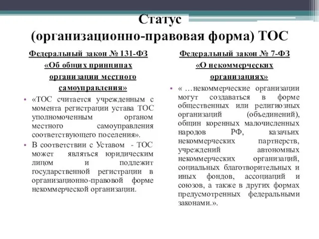 Статус (организационно-правовая форма) ТОС Федеральный закон № 131-ФЗ «Об общих принципах