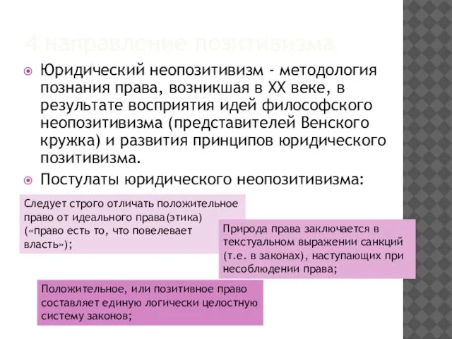 4 направление позитивизма Юридический неопозитивизм - методология познания права, возникшая в