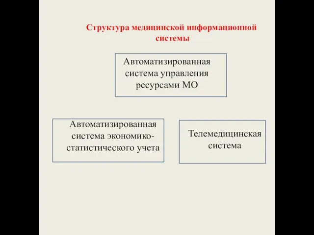 Структура медицинской информационной системы Автоматизированная система управления ресурсами МО Автоматизированная система экономико-статистического учета Телемедицинская система