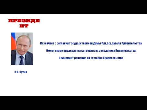 ПРЕЗИДЕНТ В.В. Путин Назначает с согласия Государственной Думы Председателя Правительства Имеет